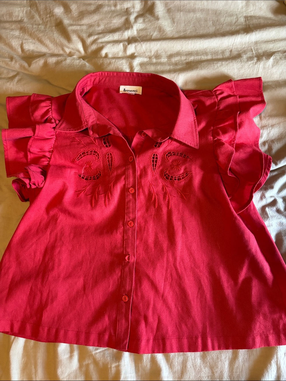 Girls' Hot Pink Ruffle Sleeve Button-Down Shirt by Ermeri